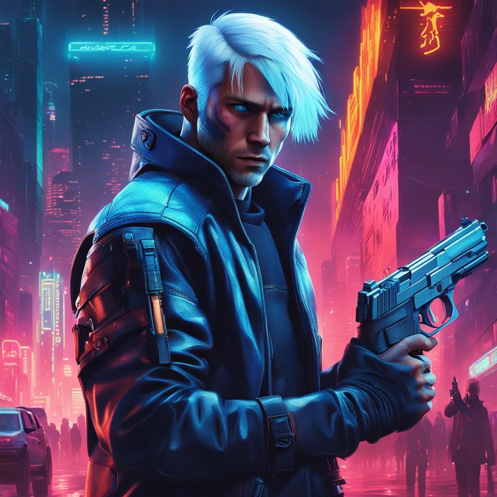 White haired teenager with blue eyes and pistol 