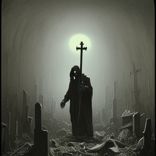In the middle of an abandoned city, the grim reaper stands i...