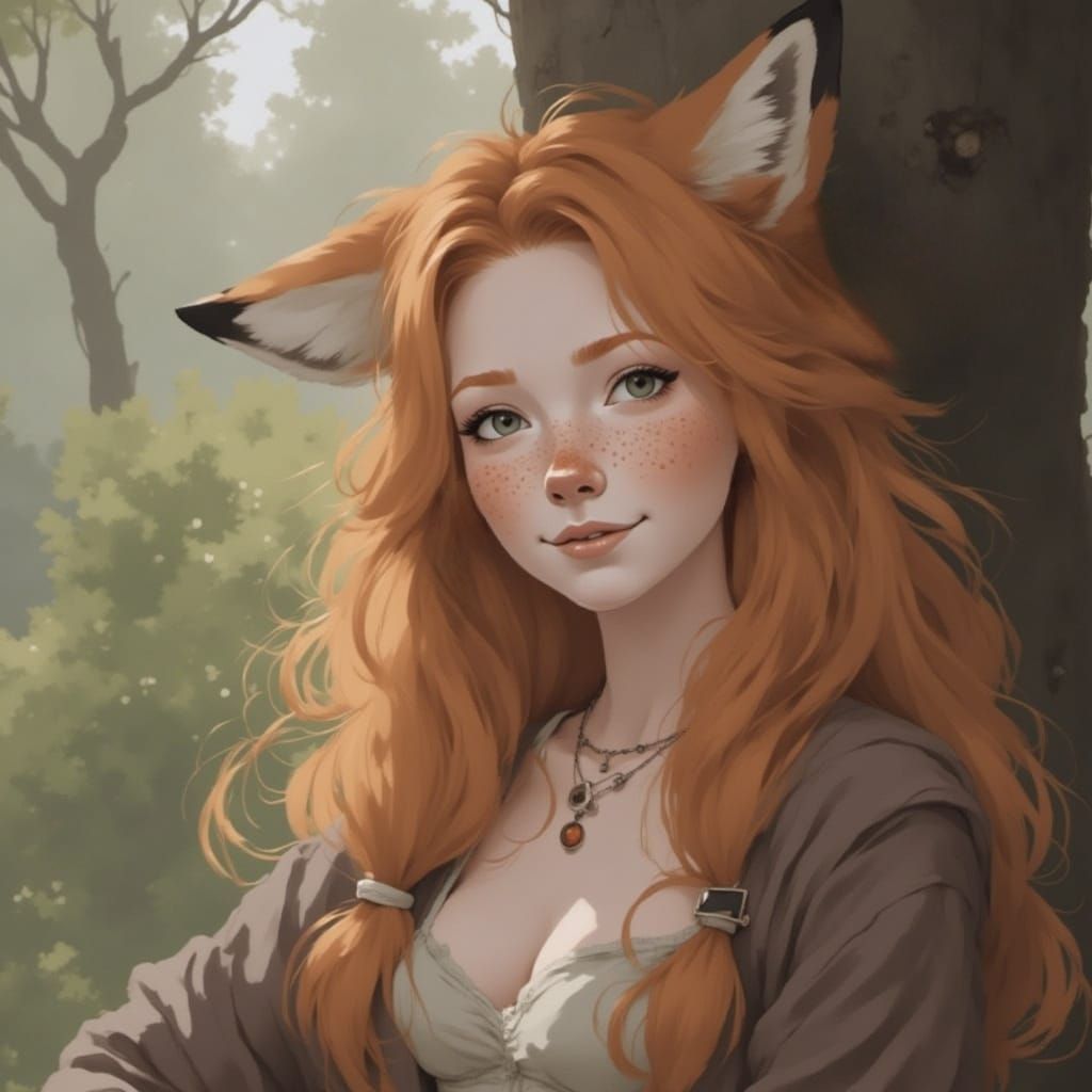 Vixen sits and leans against a tree in the forest.