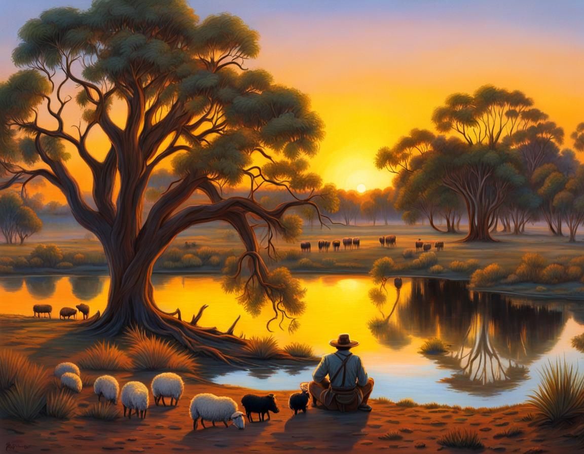 "Waltzing Matilda's" Jolly Swagman Enjoying The Sunset AI Generated