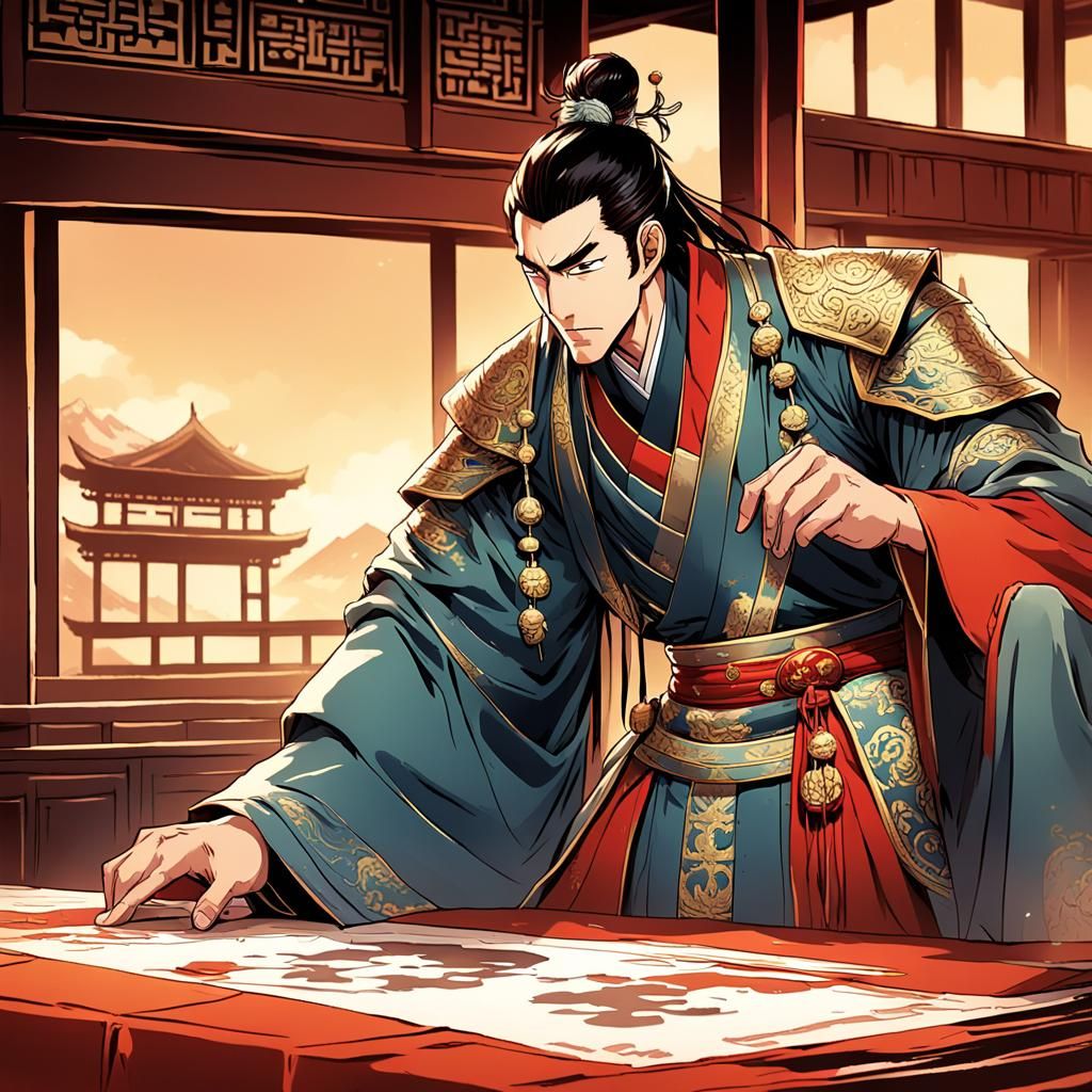 (ancient china) middle aged prince looking at his handsome nephew
 Masterpiece, Best Quality, flat, Manga Scan, Anime, c...