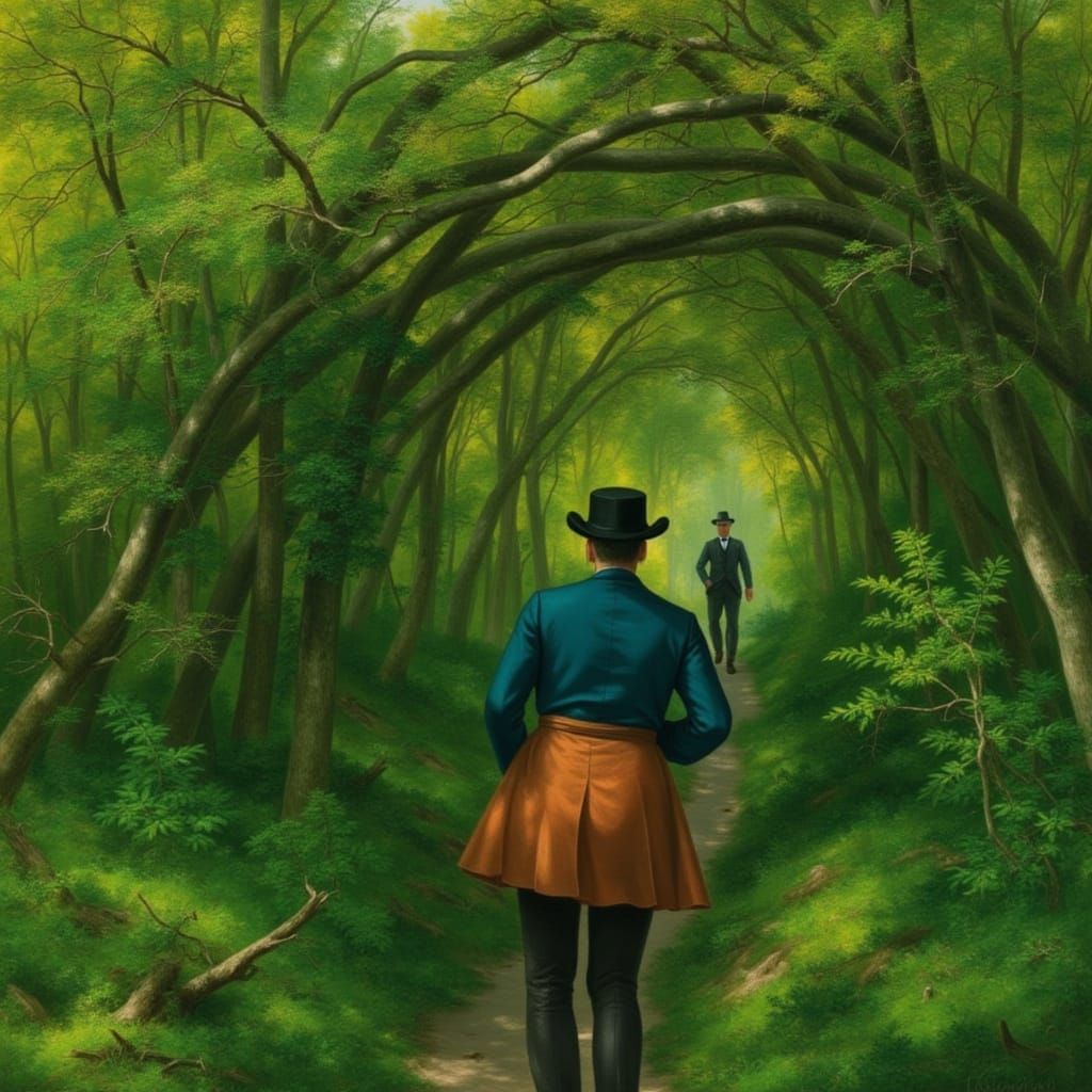 <lora:Hudson River v2:1.0> Oil painting of a path through the forest leading to a tangle of branches arching over the path, creating a natur...