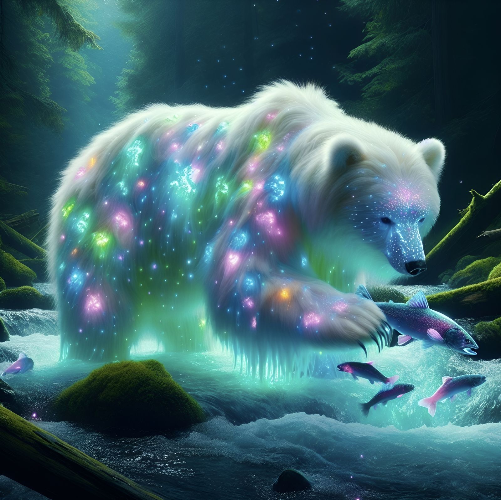 Spirit Bear and salmon