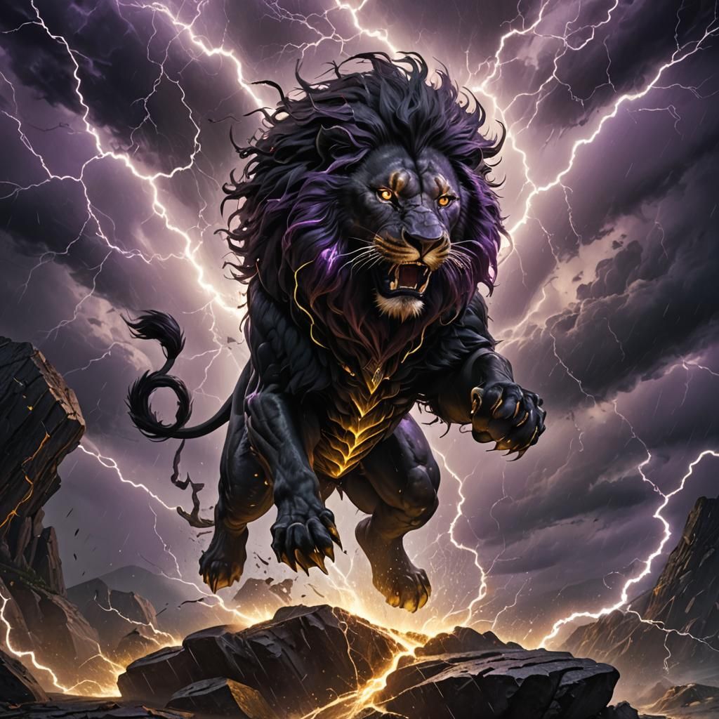 Black lion jumping out of a scary storm with lightning