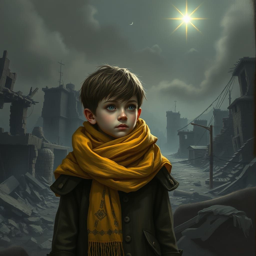 Boy in Ruined City with Shining Star