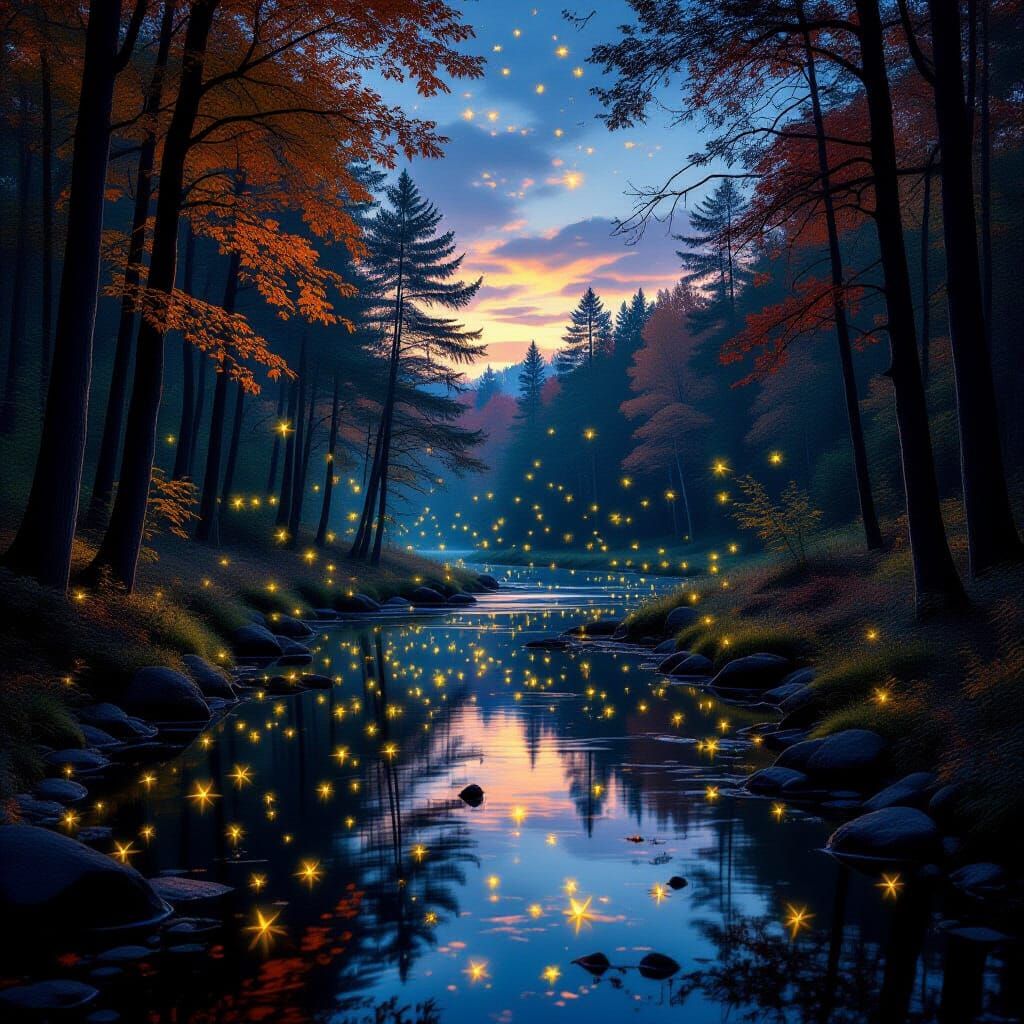 A dark forest in autumn colors is enlighted by a swarm of fireflies. 