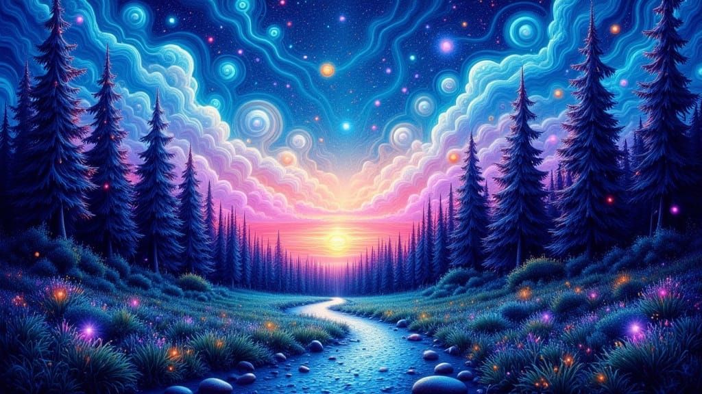 Magical Night Forest Path with Swirling Energy and Ethereal ...