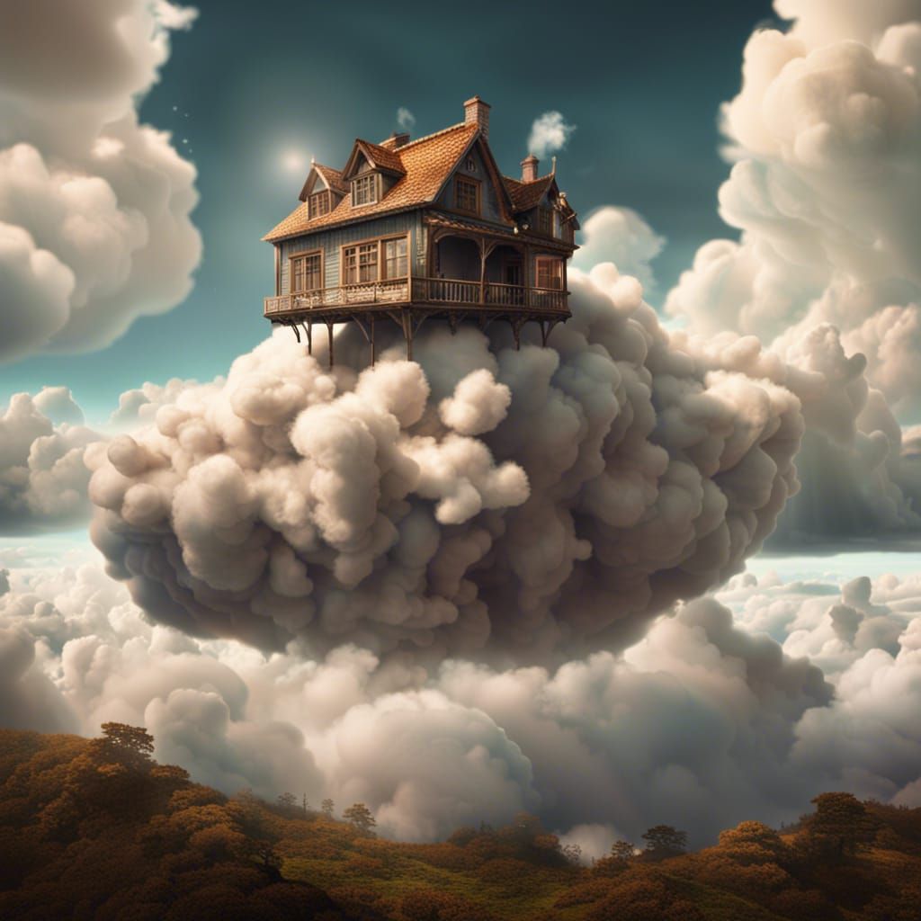 A old fashion cottege floating on top of a big fluffy cloud false