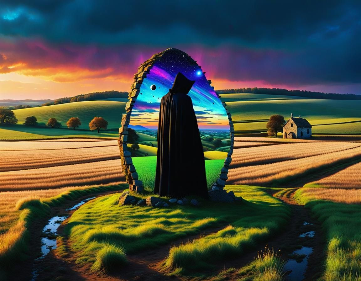 Glitch Art Standing Stone with Figure in Surreal Landscape