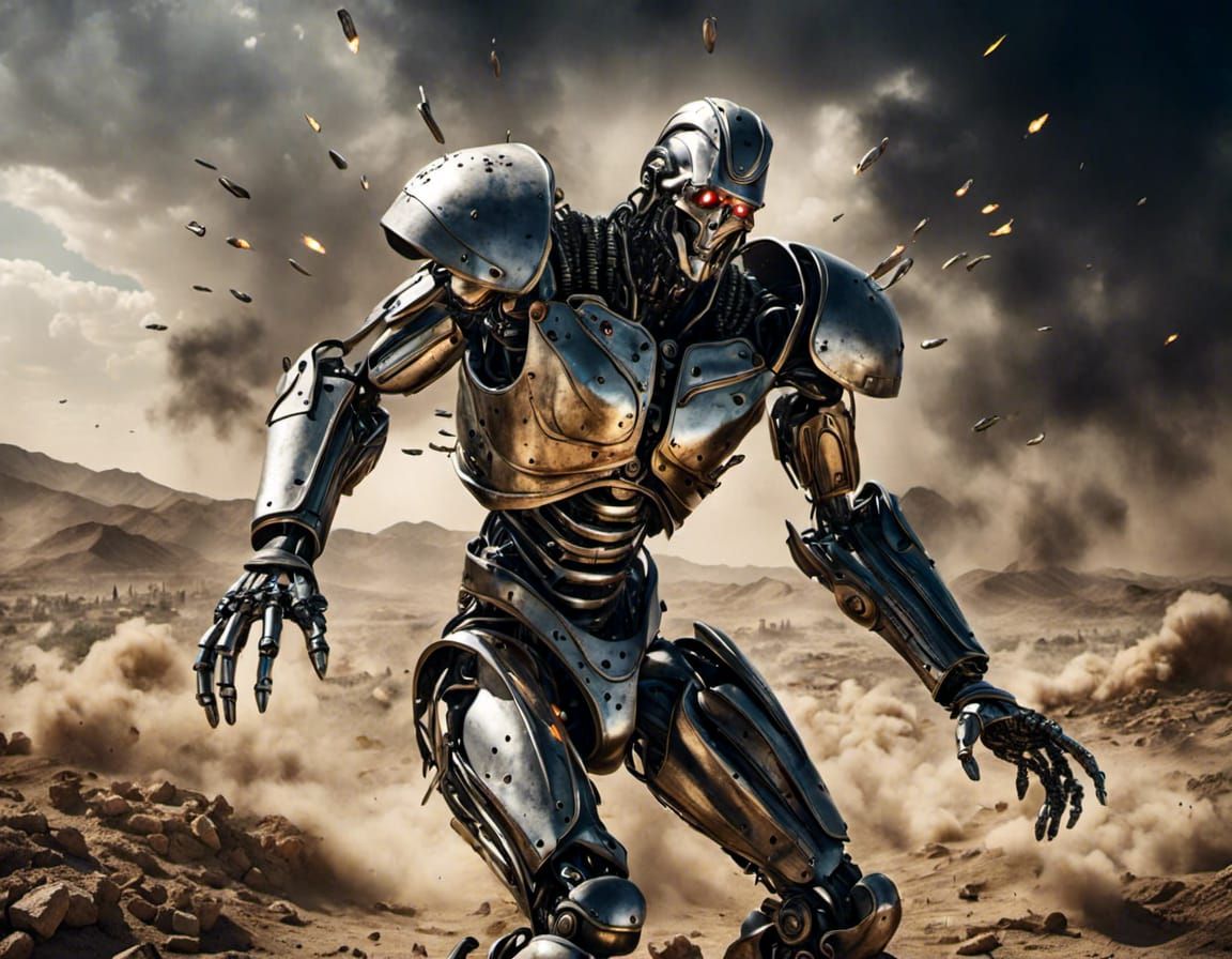 a cyborg robot at war, <lora:Sharp Ancient People:1.0> ultra sharp focus, masterpiece, 