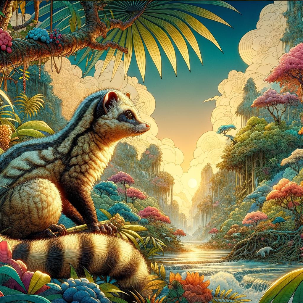 Traditional Japanese-Inspired Palm Civet in Enchanting Rainf...
