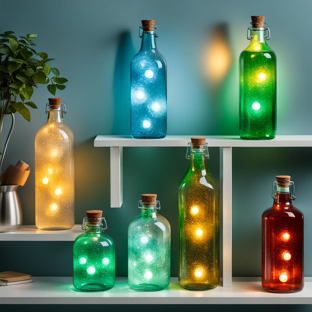 five different of bottles with lights in stacked on three sh...