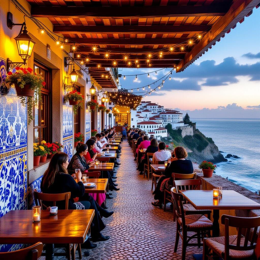 Perched dramatically on a cliff overlooking the Atlantic Ocean, this vibrant Lisbon tavern is lively ...  by @Hummingbirdartiste