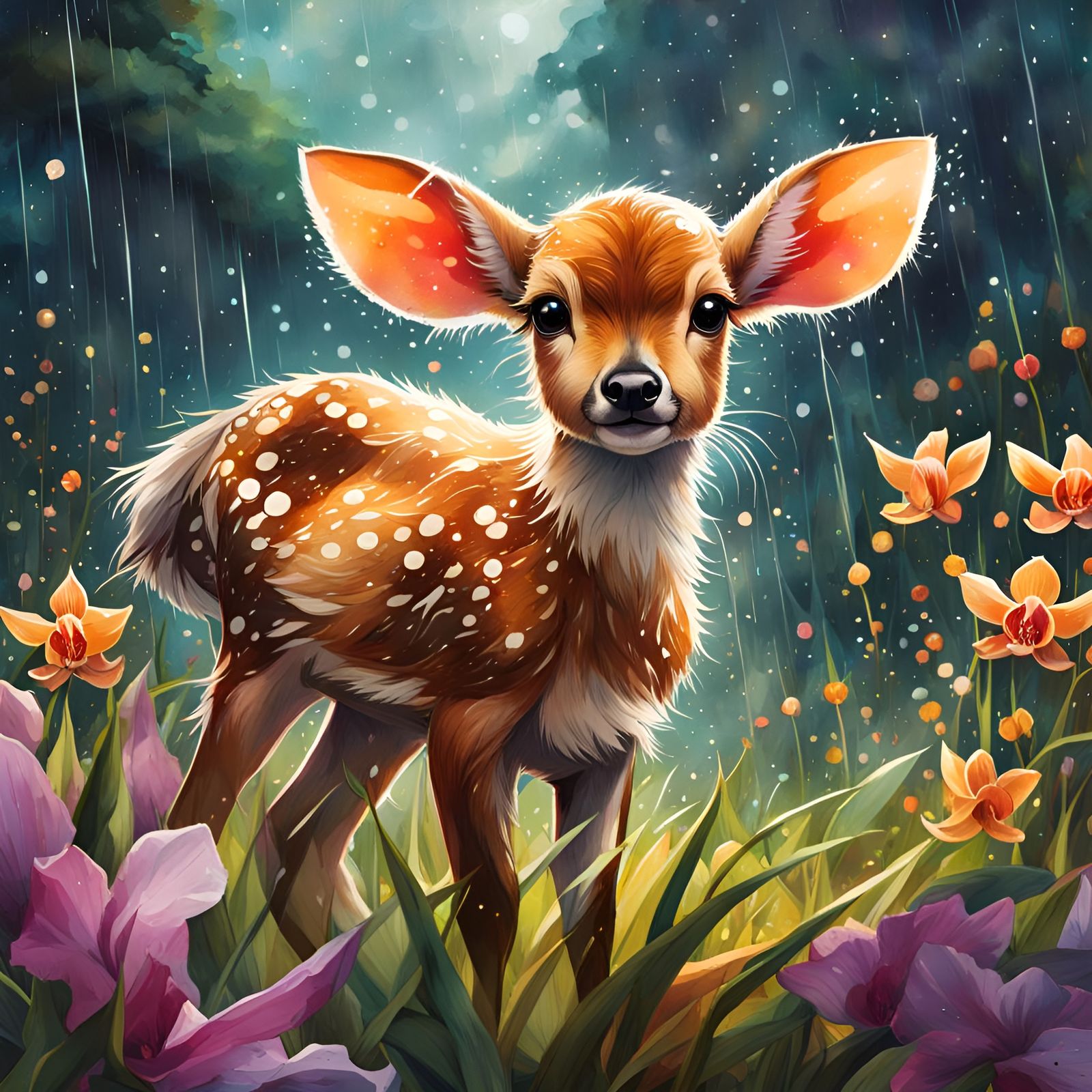 Whimsical Fawn in a Rainy Orchid Field  by @Rosie
