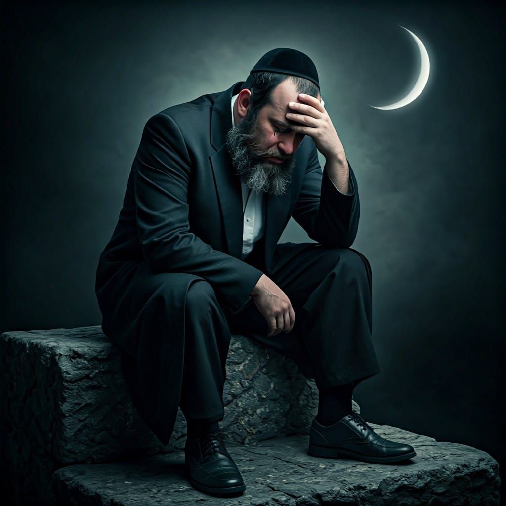 Emotional Hasidic Man Amidst Dark, Moonlit Landscape