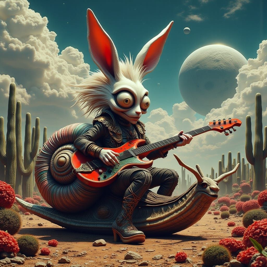 <lora:BoB:1.0> <lora:Ornate:1.0> <lora:-Lunatic-:1.0>    Cinematic. Full body shot.  A lone White  punk rabbit holding a electric guitar Rid...
