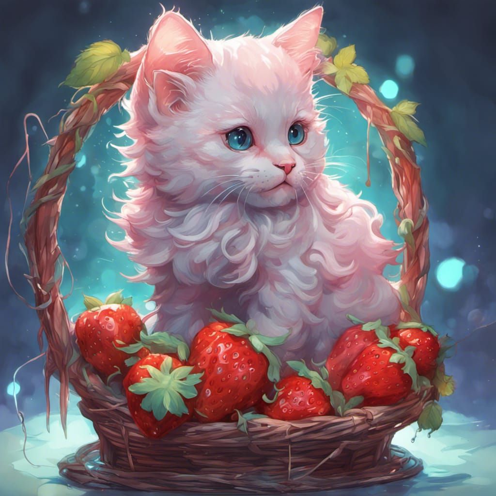 Whimsical Strawberry Kitten in Bioluminescent Basket