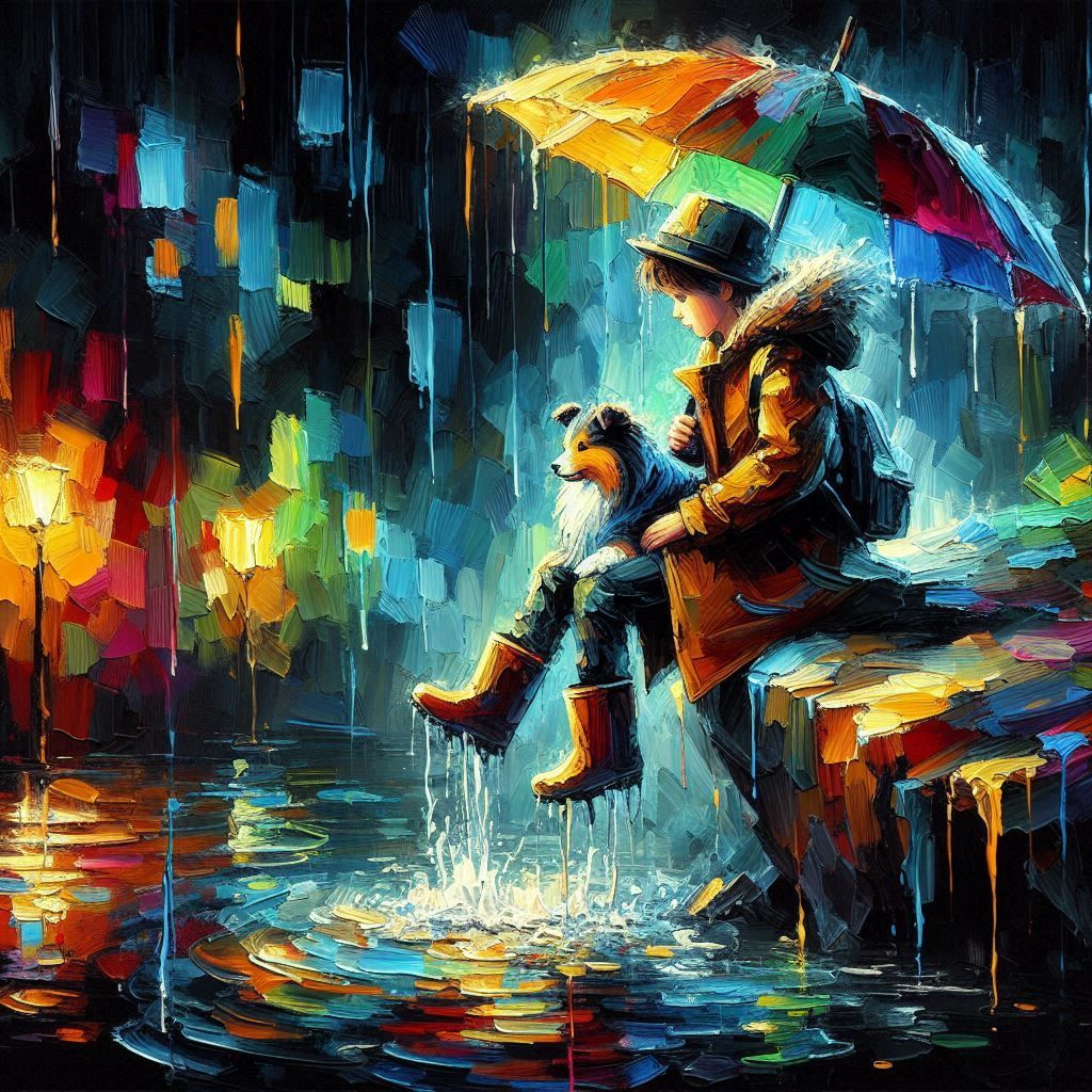 Little boy & his Sheltie in the the rain in Neon colors (2)