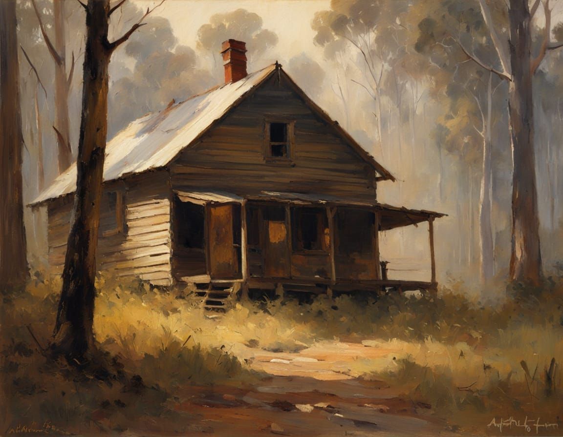 Cabin in Forest Clearing: Australian Impressionist Oil Paint...