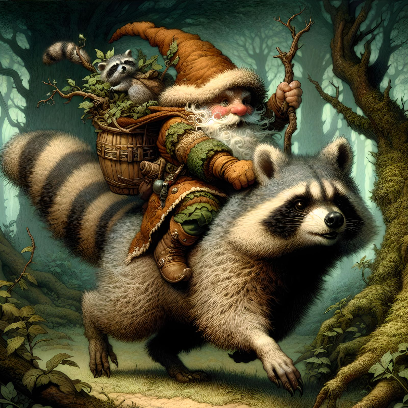 Gnome riding a raccoon   by @Taralie