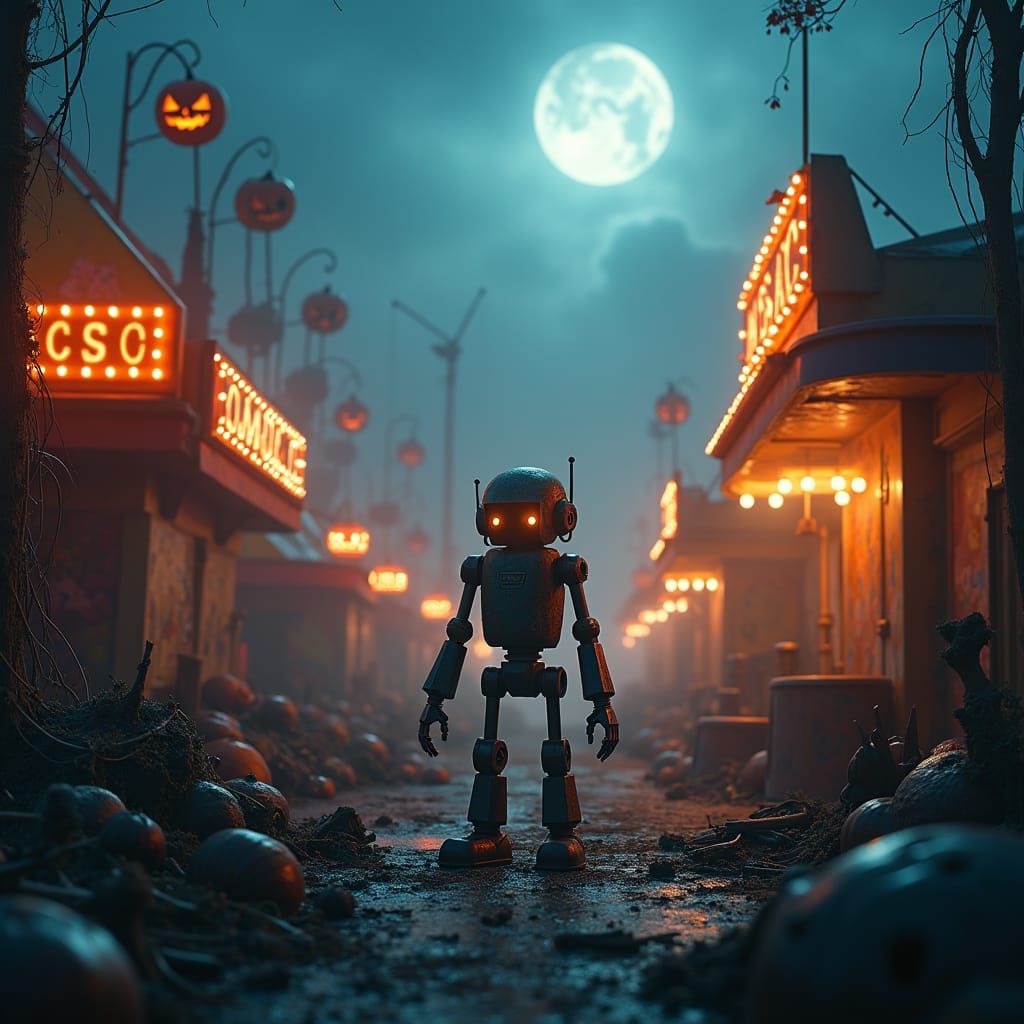 Eerie Haunted Carnival with Robot, Matte Painting Style