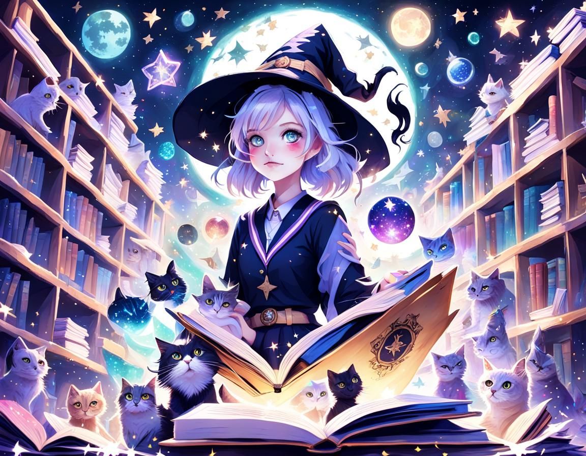 a magical girl witch in her colorful school uniform, surrounded by floating  books, sparkles, and cute mystical cat-star creatures, fantasy - AI  Generated Artwork - NightCafe Creator