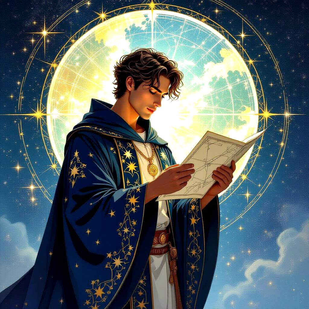 A celestial cartographer with a map made of pure starlight, charting the course of new constellations in the night sky. The cartographer's r...
