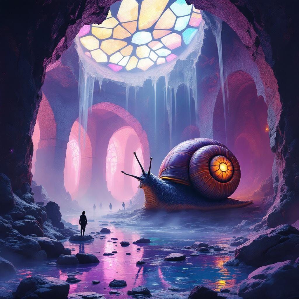 Within a crumbling sanctum of colorful marble stone and luminous arches, an enormous snail moves through ...  by @Freedomlass