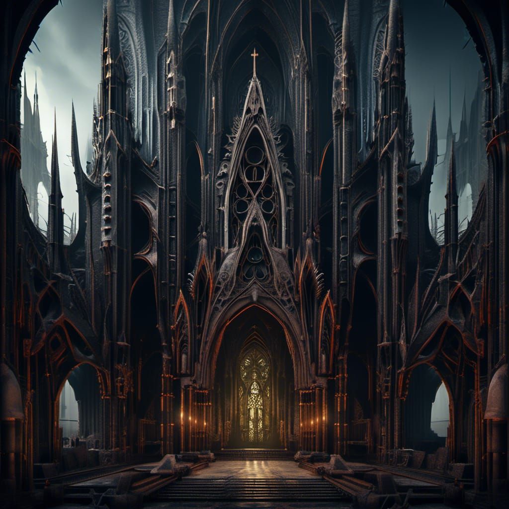 Biomechanic gothic cathedral in a dark landscape painted HR ...