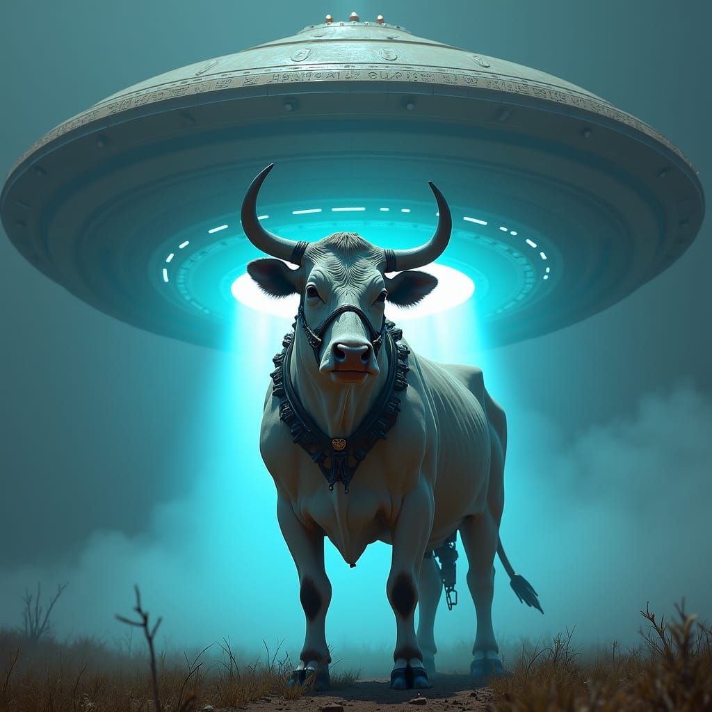 A cow in front of the mother ship UFO, a beam of light desce...