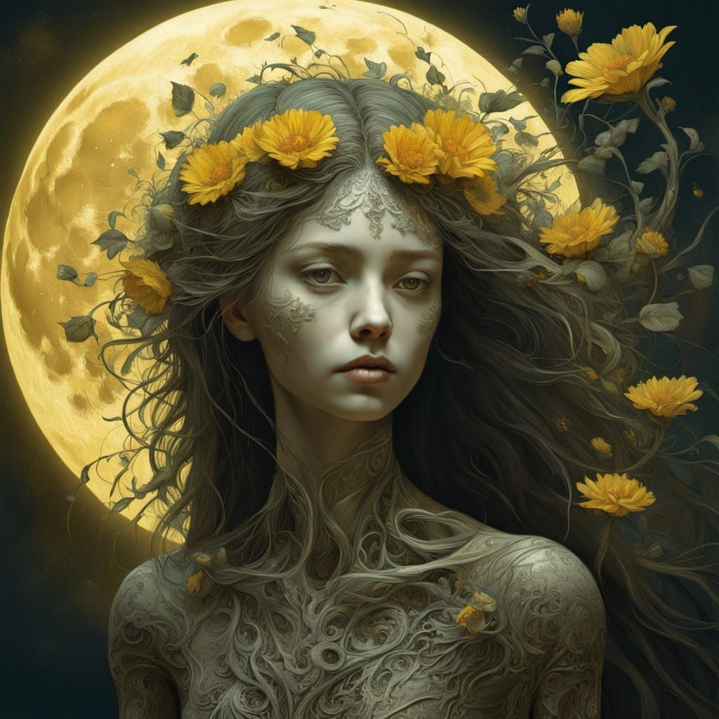 Mysterious moon girl in shades of yellow