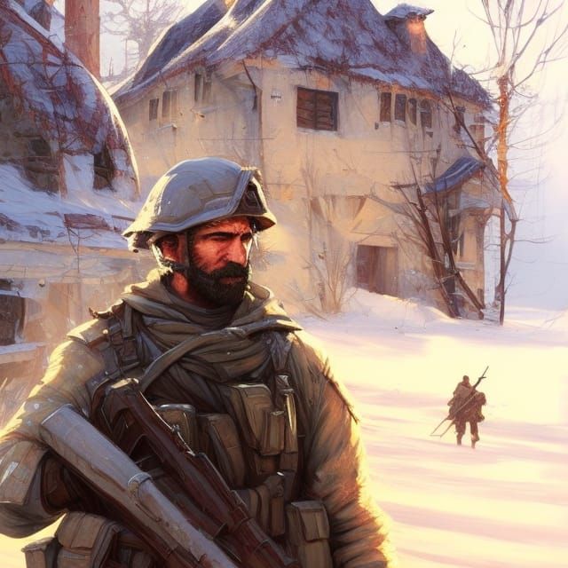 soldier in front of a medieval village in a snow covered cou...