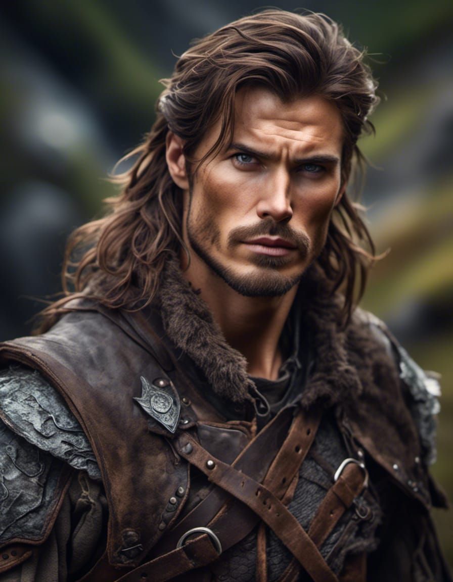 <lora:NC Hyperreal:1.0> olser warrior, brown hair with a little grey, leathers, detail, wooded mountain background,