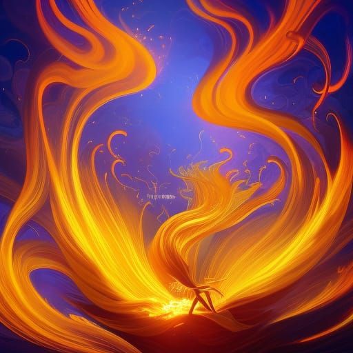 "Fire made of dull shiny blue flames circling the ground, hy...