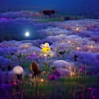 Ethereal glow moonlight over serene flower meadow 