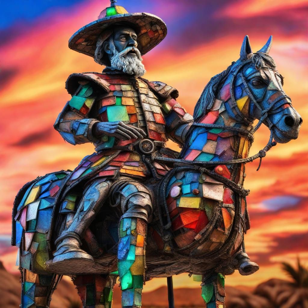 Don quijote statie made of recycled materials bottles Hyperrealistic, intricately detailed, color depth, ...  by @Frankie85
