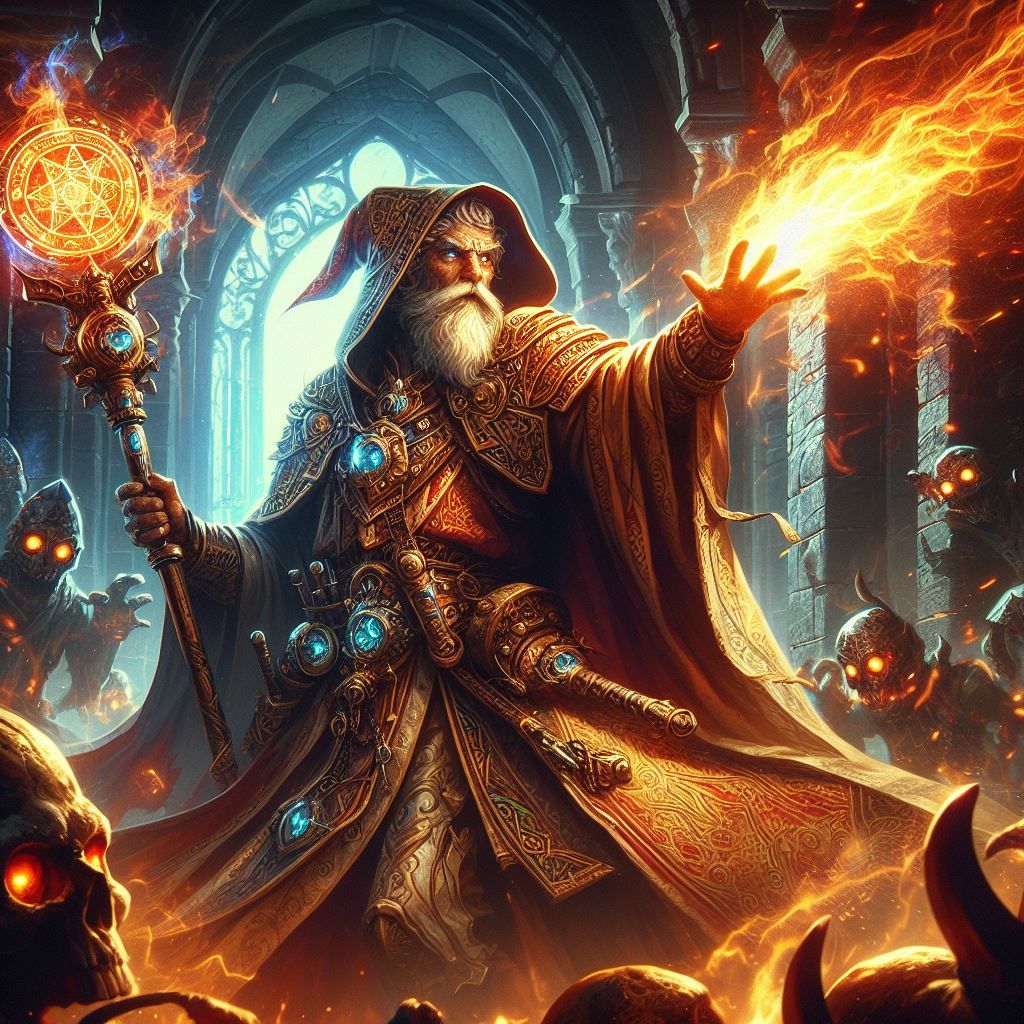 A veteran arcane wizard casting a fire blast magic at monsters