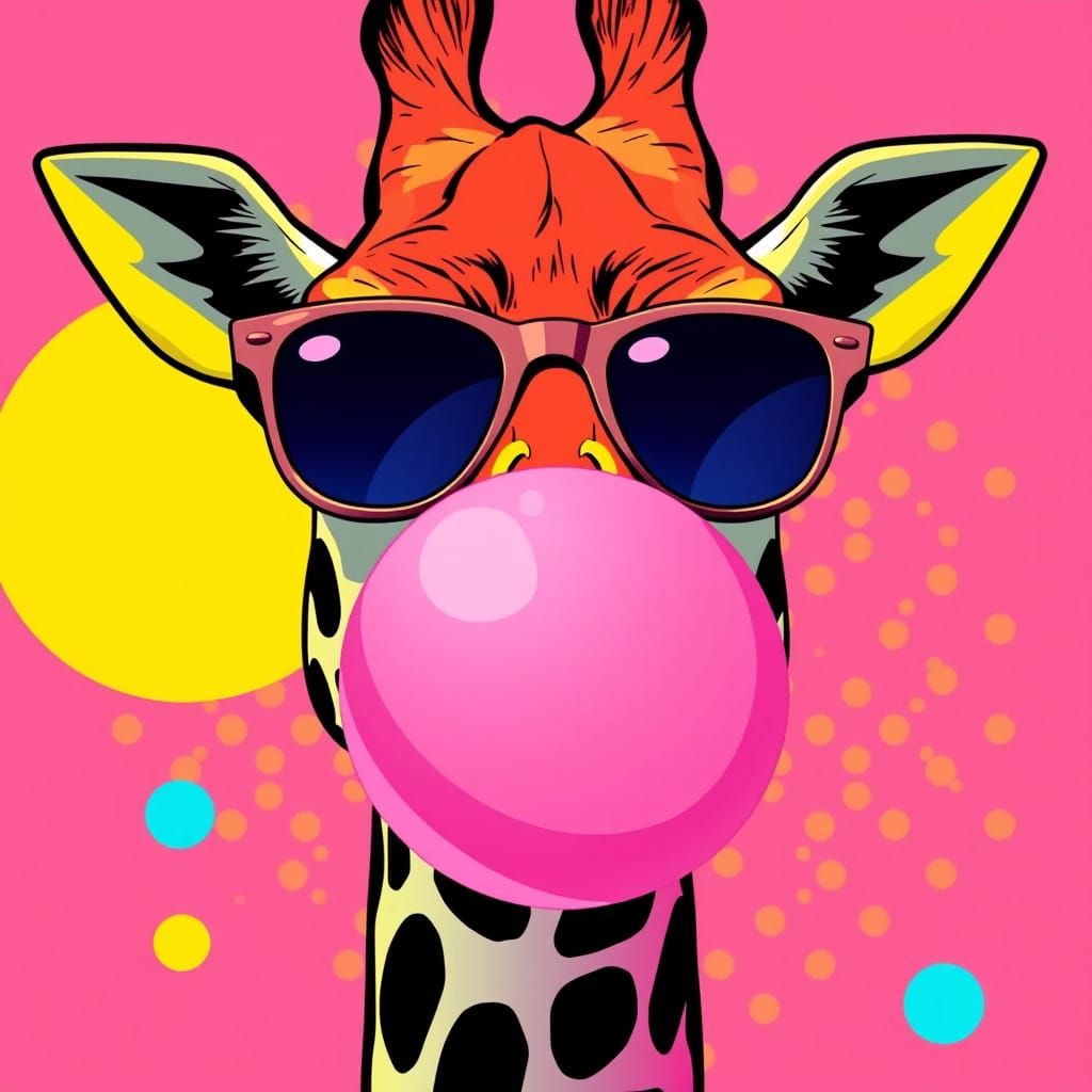 POP-ART style giraffe in sunglasses, with bubble gum.  by @Dardillon