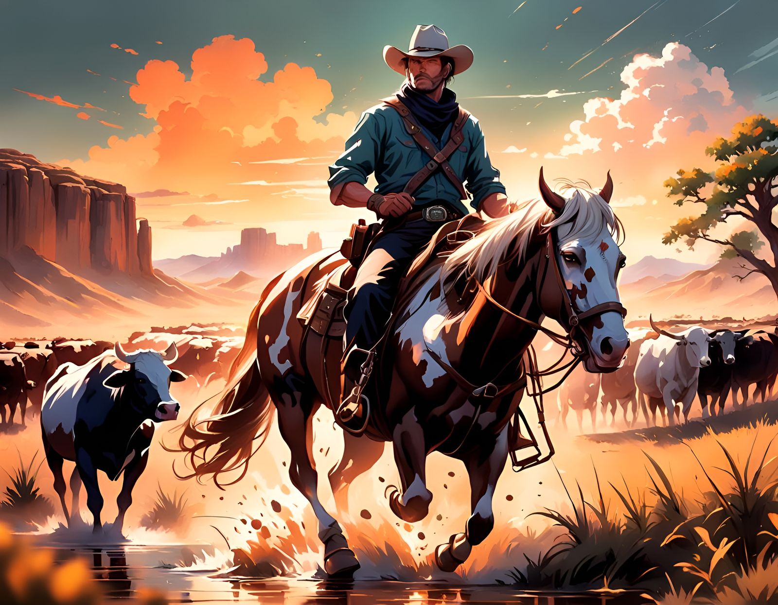 cowboy on horseback  in a Texas landscape with cattle Hyperr...