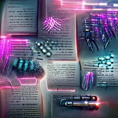 Bright detailed nanotech cyberpunk library