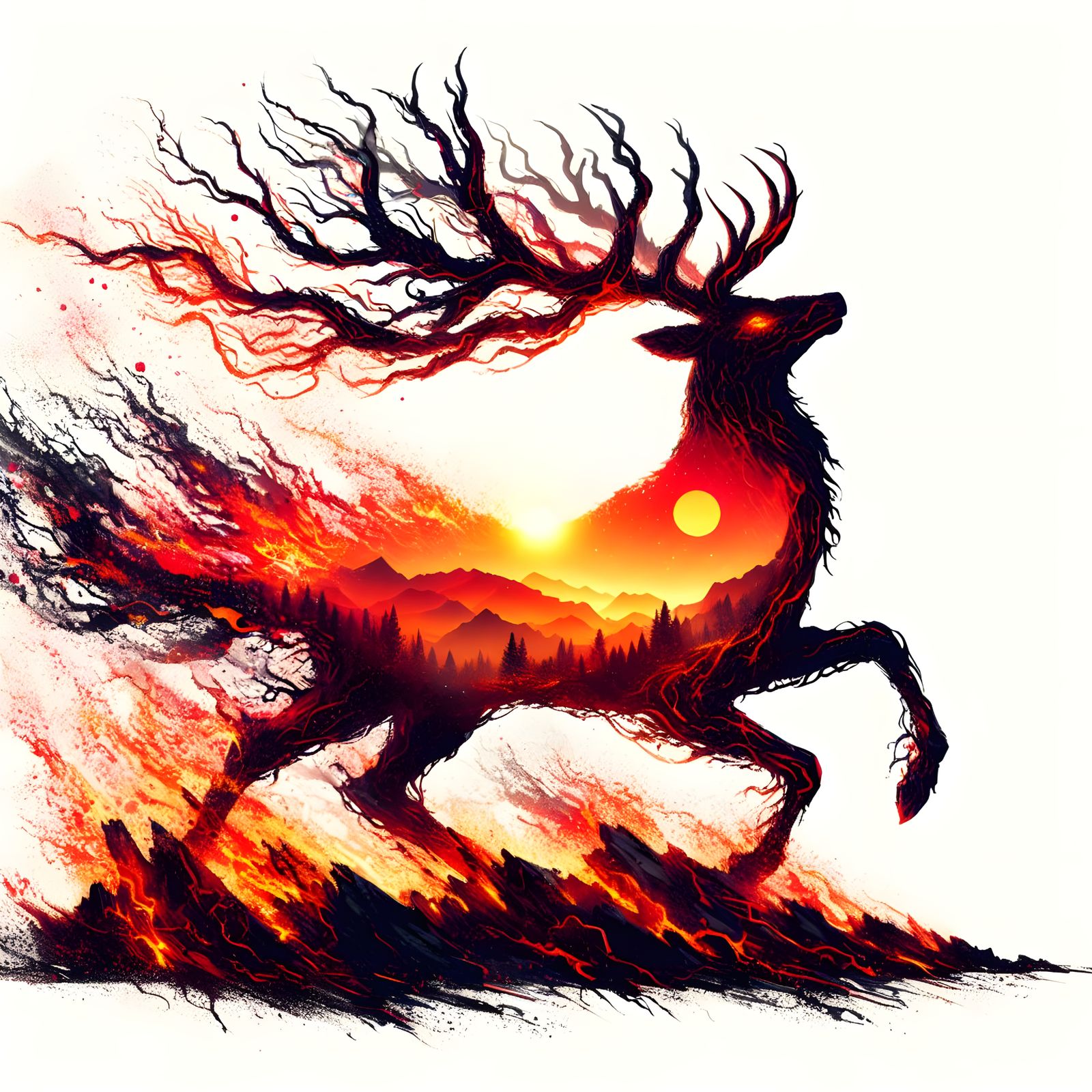 Double Exposure Forest Fire Deer