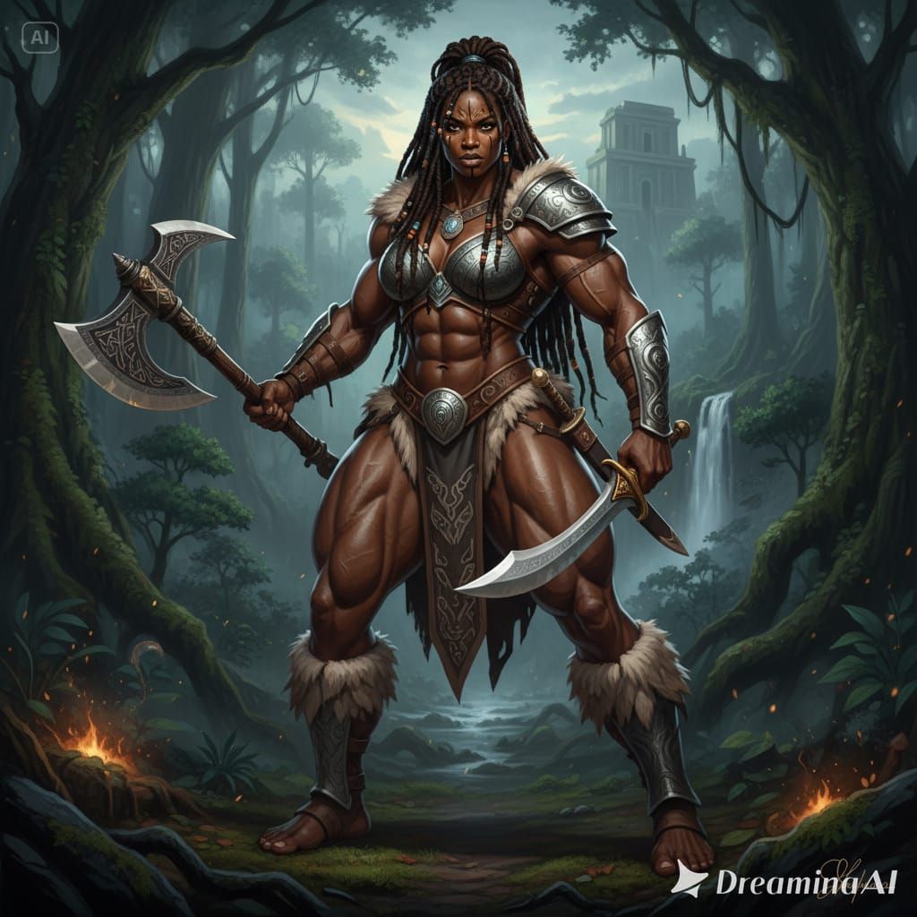 fierce warrior brunette Amazonian Black woman her body is hu...