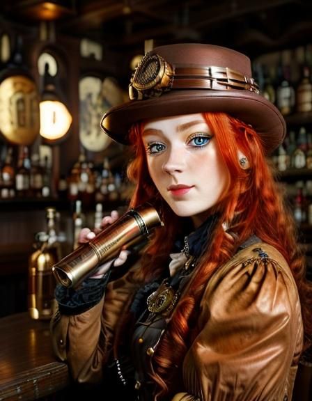 <lora:steampunk:1.0> portrait of pretty steampunk  woman, ,  ginger  hair , red  dress, hat  ,bar, drinking"" steampunk engine 