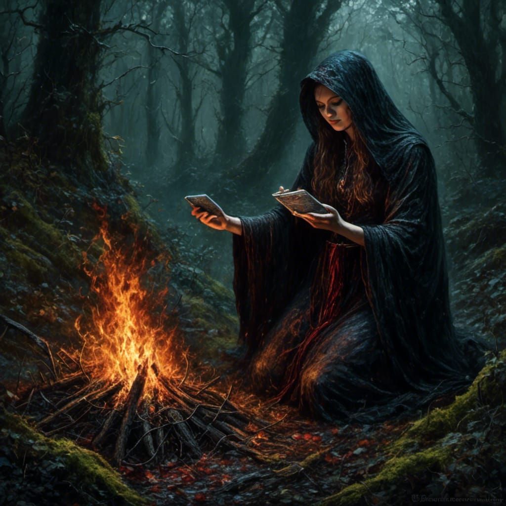 Wiccan doing nature ritual in the forest, horror concept artwork <lora:EffenMetalXL:1.0> 