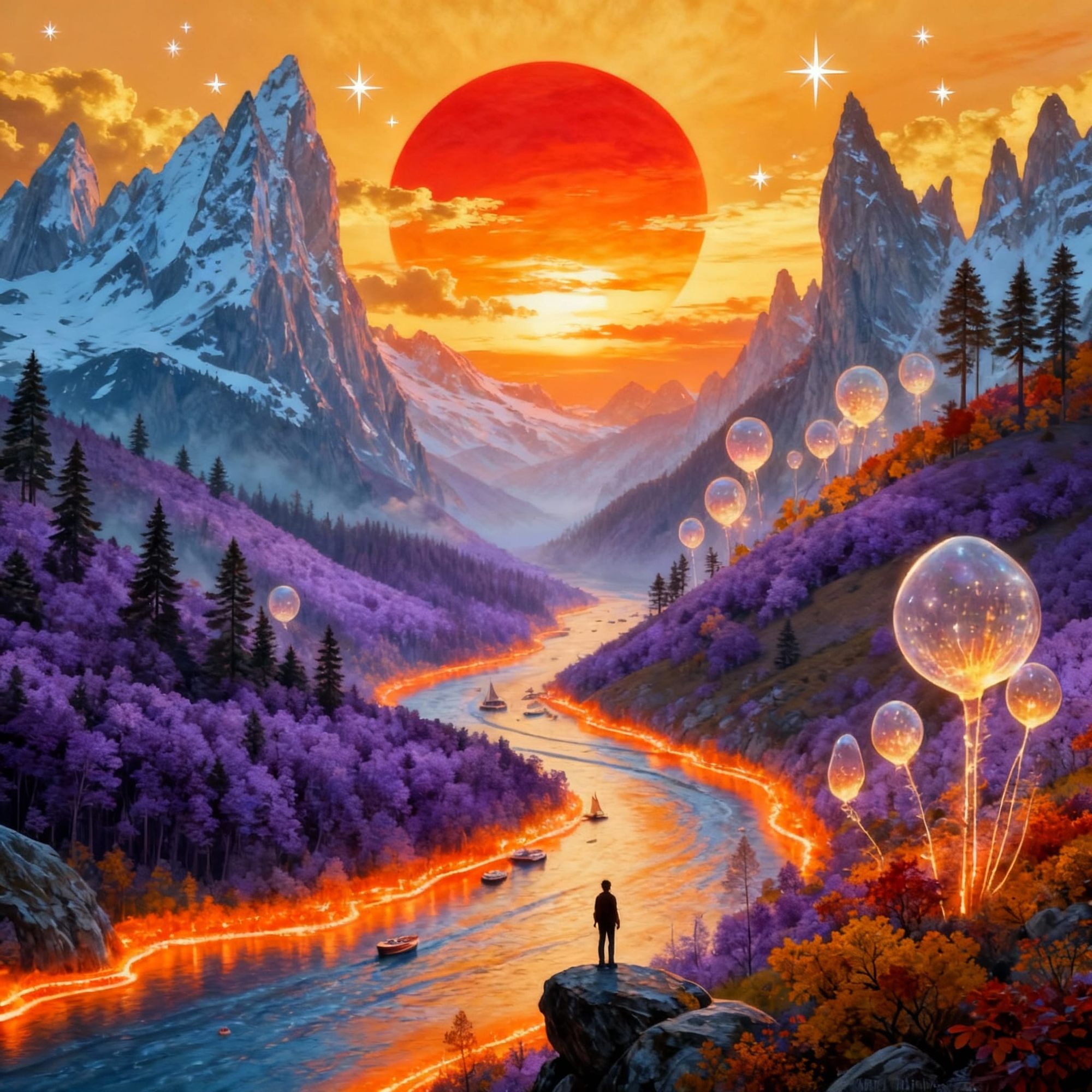 Combine the two images in a professional and beautiful way. Add details to the landscape as needed,