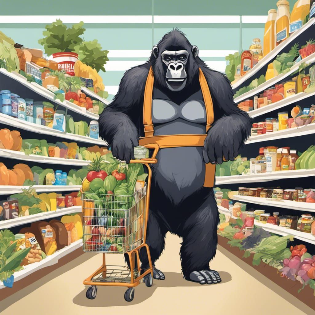 Grocery store with gorilla janitor, giraffe stocking shelves...