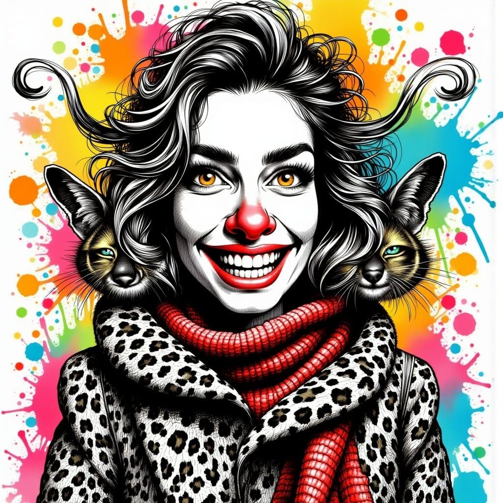 <lora:Ink cartoons:1.0> A gorgeous lady wearing a lot of makeup, heavy makeup, middle age, funny face, cartoon, wearing a leopard coat and j...