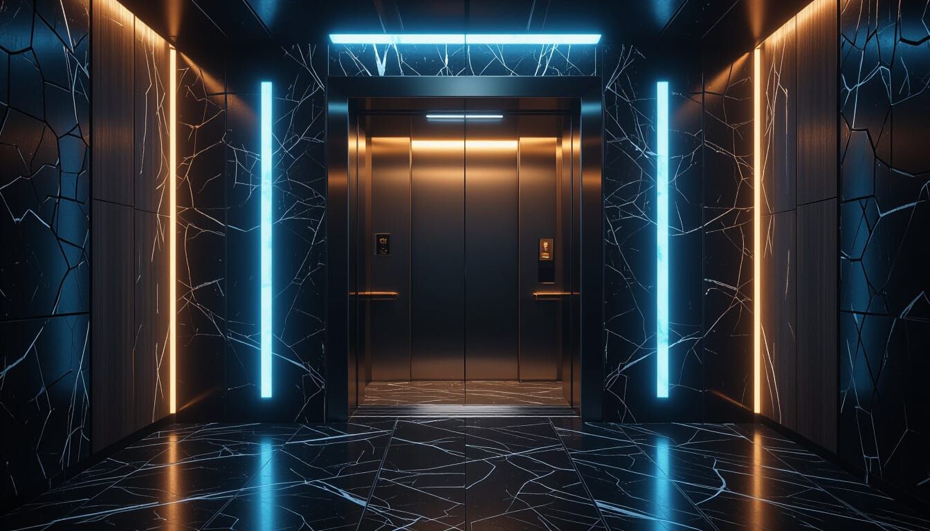 Ultra-wide cinematic wallpaper of futuristic elevator. Low-angle perspective: we see open elevator doors from outside, revealing luxurious c...