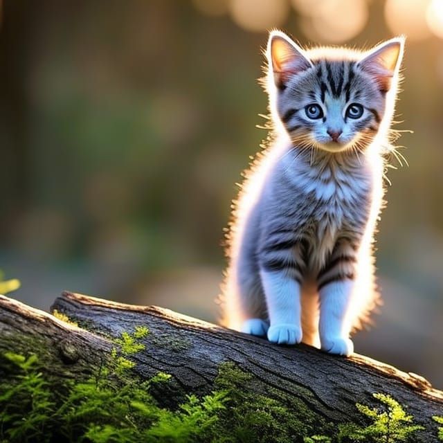 Small fluffy kitten sitting on a log Professional photograph...