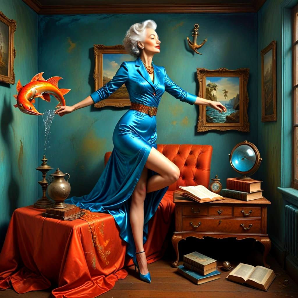 Surreal Portrait of a Happy Lady in Vibrant Contemporary Att...